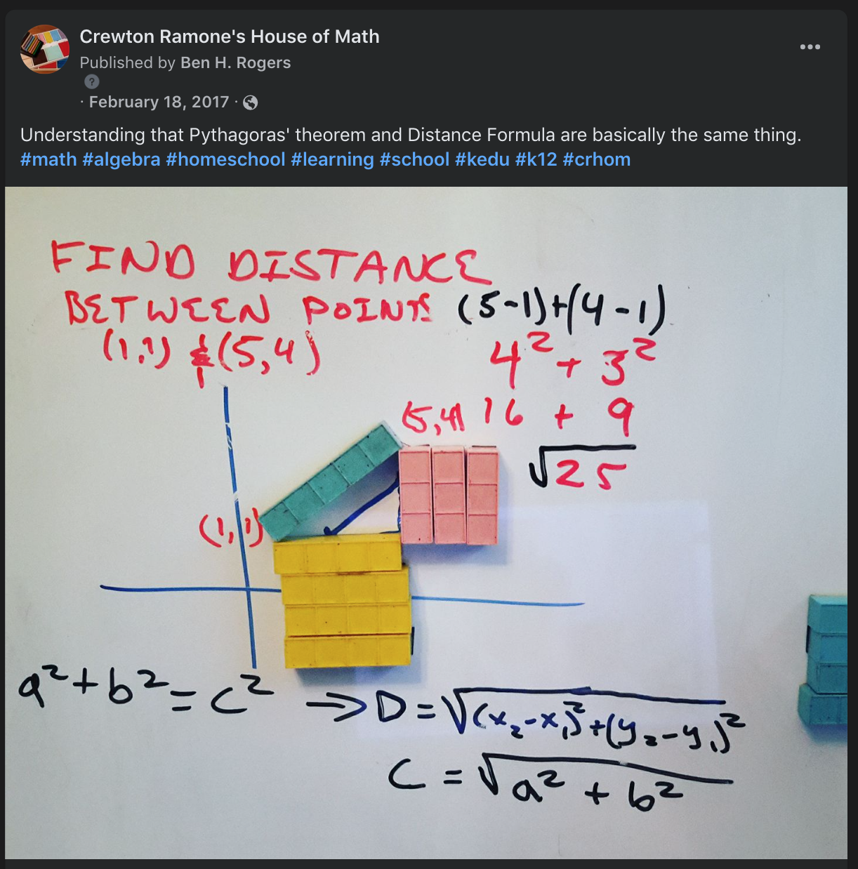 Pythagorean Theorem & Distance Formula wit base ten blocks.